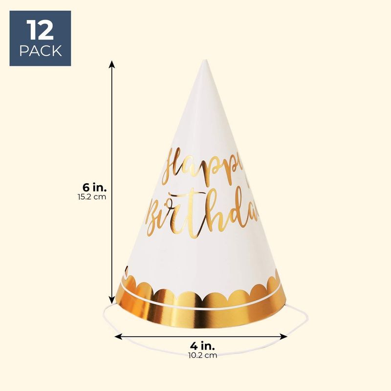 Birthday Party Hats, Cone Hat (4.3 x 6 In, Gold, 12 Pack)
