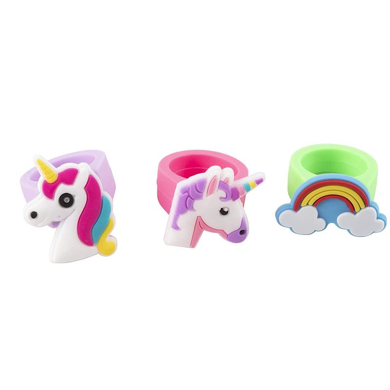 Rainbow Unicorn Toy Rings - 24-Pack Silicone Rubber Play Rings for Girls, Assorted Unicorn Themed Party Supplies Favors Accessories, Ideal for Fantasy Parties, Magical Birthdays, Game Prizes