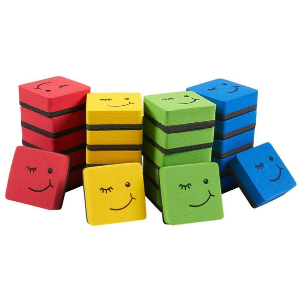 Mini Square Whiteboard Erasers, Face Design (4 Colors, 24 Pack)