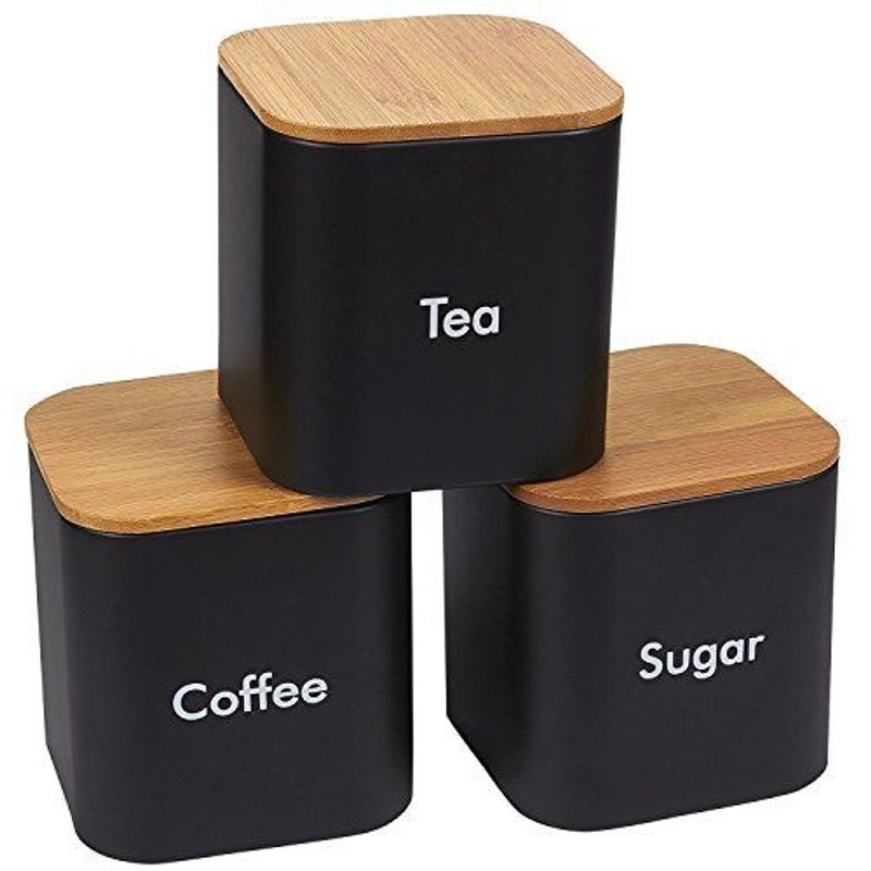 Juvale 3 Pieces Kitchen Canister Set with Bamboo Lids (4.6 x 4.8 x 4.6, Black)