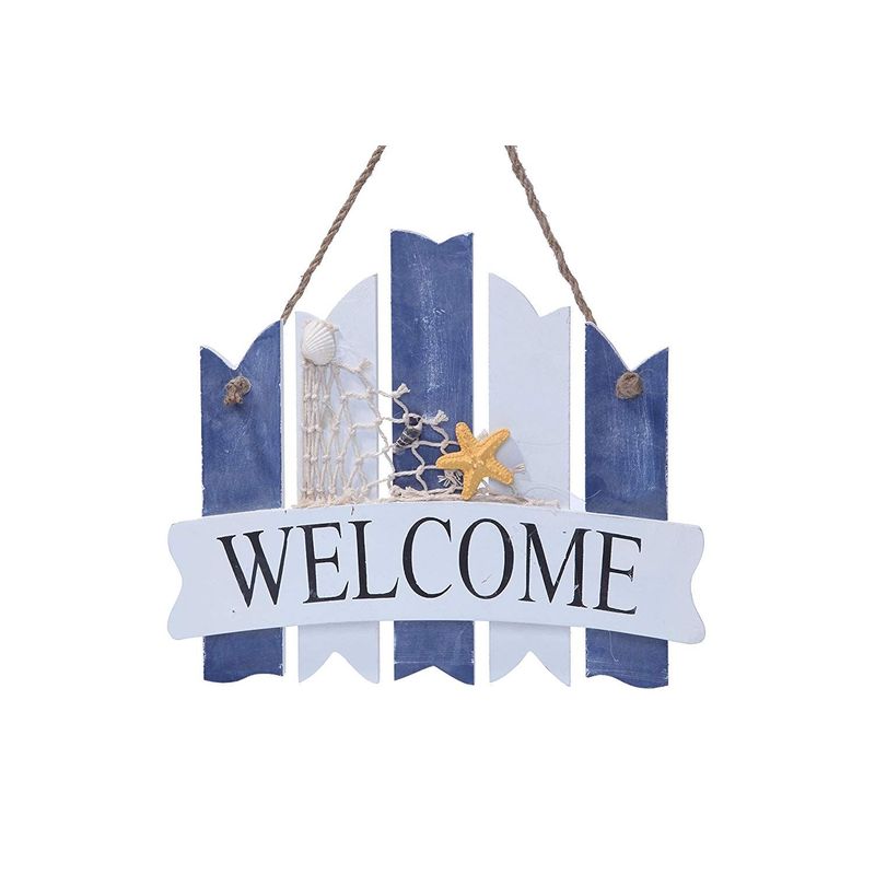 Juvale Welcome Sign Board - Home Inside Outside Decoration Beach Greeting Ocean Sea Net Star Fish 10" - Indoor/Outdoor Home/Oceanside/Sea & Shore Decor- Rope, Seashell, Starfish, Beach Theme