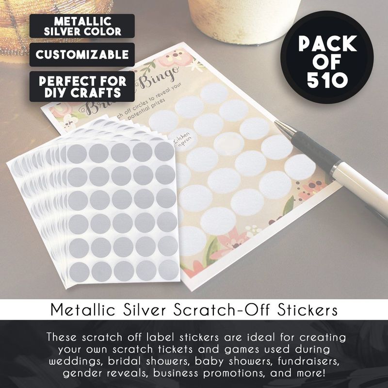 510-Pack Scratch-Off Stickers - 1-Inch Round Quarter Sized Circle DIY Peel and Stick Adhesive Scratch Off Labels, Silver