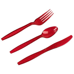 Plastic Silverware Set, Forks, Knives, Spoons (Red Glitter, 144 Pieces)