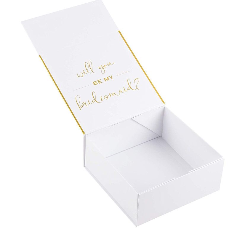 2 Bridesmaid Proposal Box and 1 Maid of Honor Proposal Gift Box, Gold Foil Text and Border, Customizable Cover, Perfect for Will You Be My Bridesmaid, MOH Presents, White, 8 x 8 x 3.6 Inches
