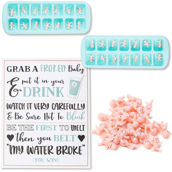 Juvale My Water Broke Baby Shower Game - 60 1 Inch Tiny Plastic Babies, 3 Ice Cube Trays, 1 Sign