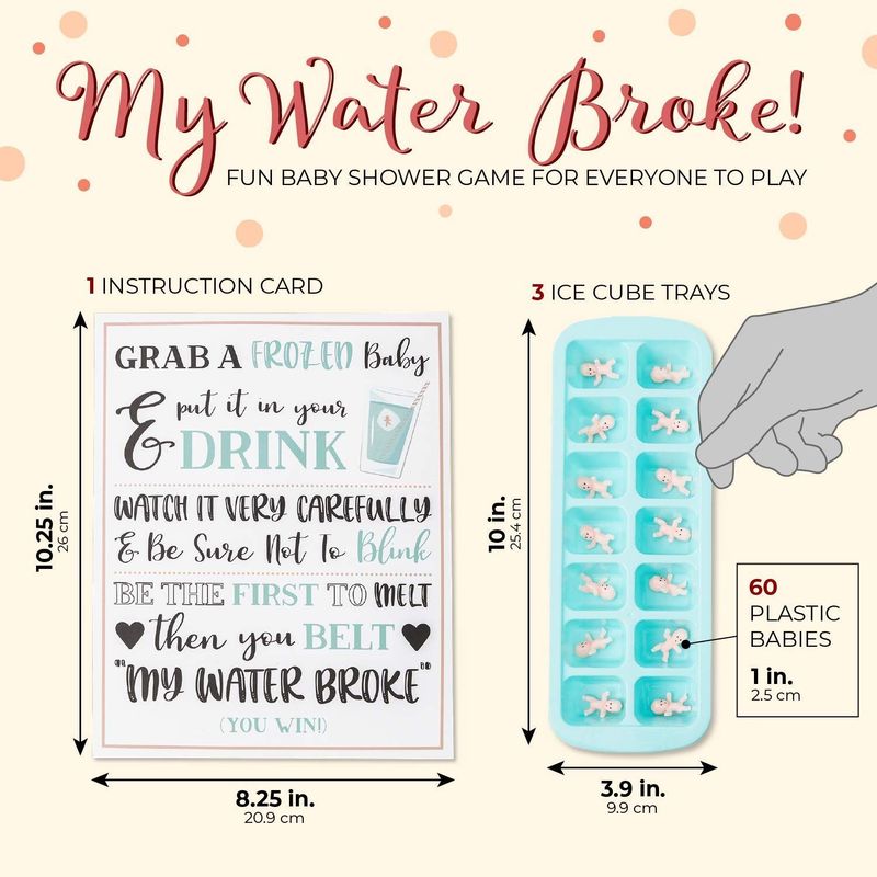 Juvale My Water Broke Baby Shower Game - 60 1 Inch Tiny Plastic Babies, 3 Ice Cube Trays, 1 Sign