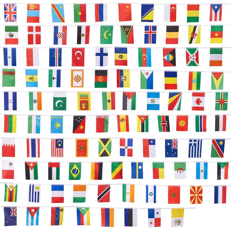 Juvale 100-Piece International Flags - 80-Feet Small Country Flags Banner of The World - Multi-Cultural Party Hanging Decorations, 100 Different Assorted Countries, 5.2 x 9.2 inches Each Flag
