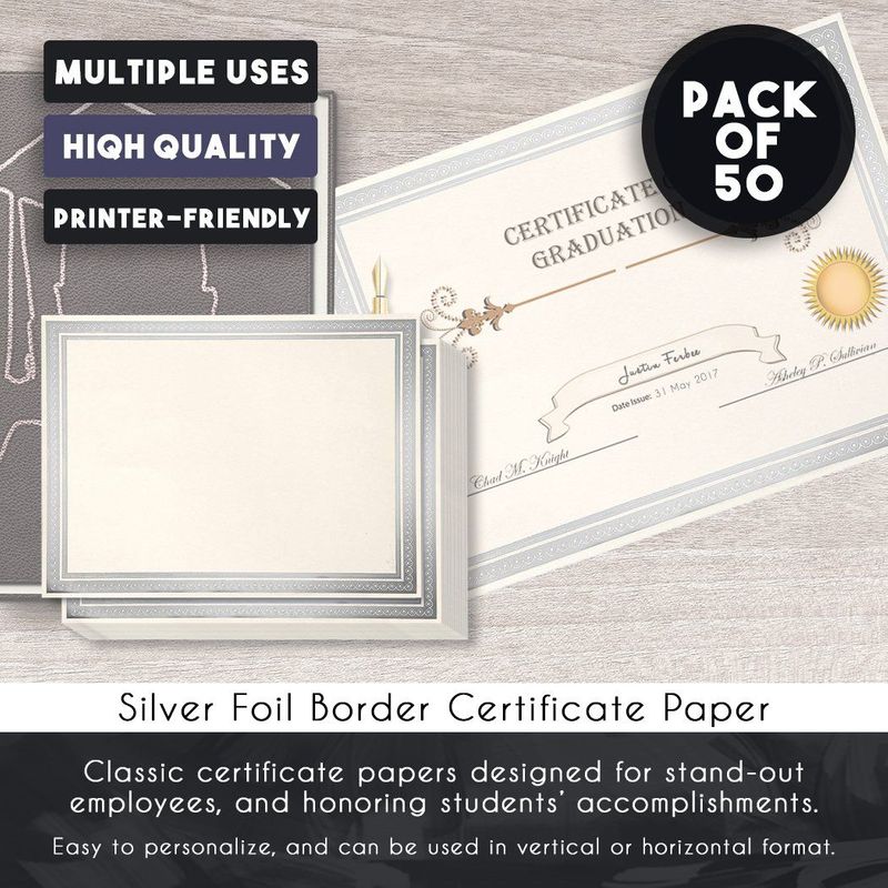 Ivory Award Certificate Paper with Silver Foil Border for Graduation Ceremony (8.5 x 11 In, 50 Pack)