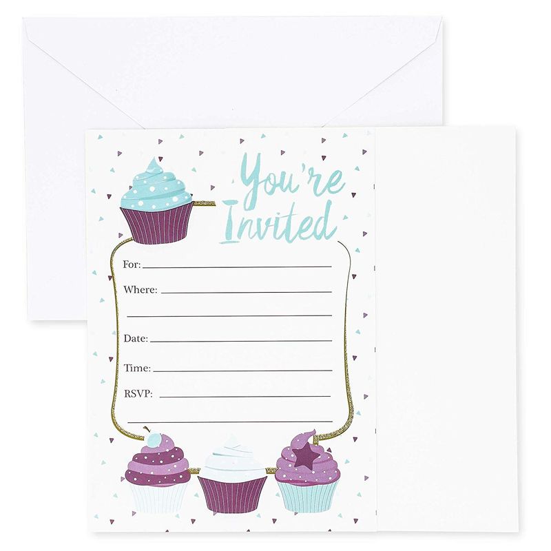 Juvale Cupcake Invitation Cards - 24 Fill-in Invites with Envelopes for Kids Birthday Party and Baby Shower 5 x 7 inches Postcard Style