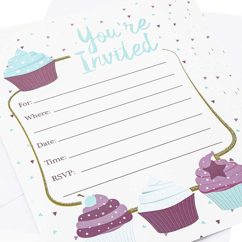 Juvale Cupcake Invitation Cards - 24 Fill-in Invites with Envelopes for Kids Birthday Party and Baby Shower 5 x 7 inches Postcard Style