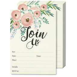 Watercolor Join Us Invitation Cards - 50 Fill-In Floral Classy Invites with Envelopes for Kids Birthday, Bridal Shower, Wedding, 5 x 7 Inches, Postcard Style