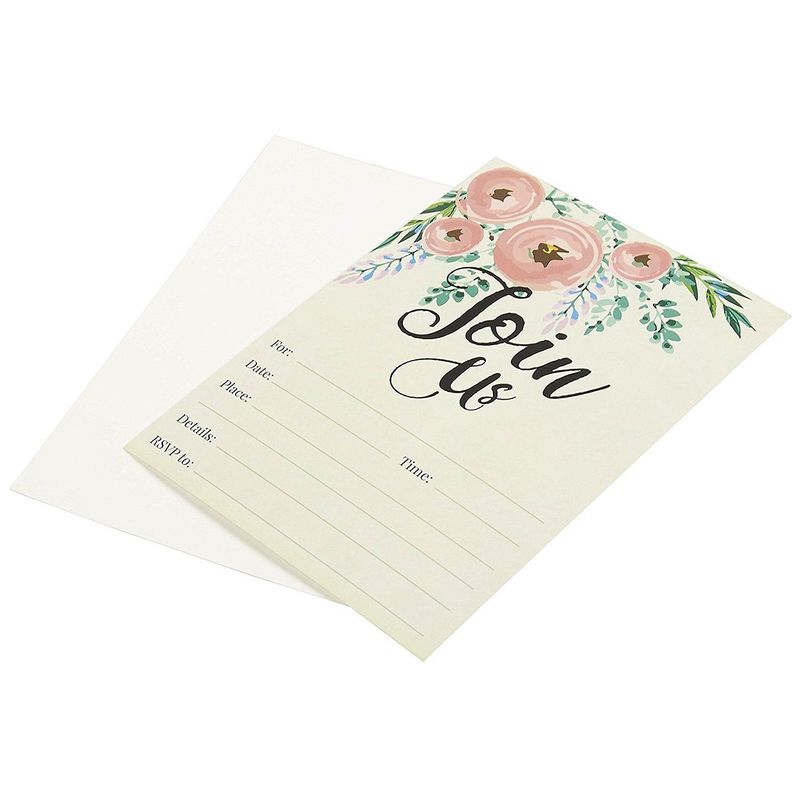 Watercolor Join Us Invitation Cards - 50 Fill-In Floral Classy Invites with Envelopes for Kids Birthday, Bridal Shower, Wedding, 5 x 7 Inches, Postcard Style