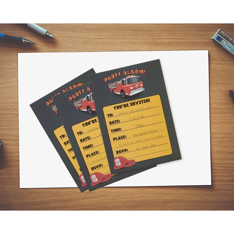 Fire Truck Invitation Cards - 24 Fill-in Invites with Envelopes for Kids Birthday Bash and Theme Party, 5 x 7 Inches, Postcard Style