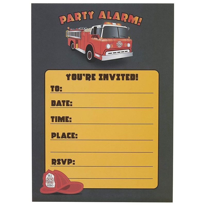 Fire Truck Invitation Cards - 24 Fill-in Invites with Envelopes for Kids Birthday Bash and Theme Party, 5 x 7 Inches, Postcard Style