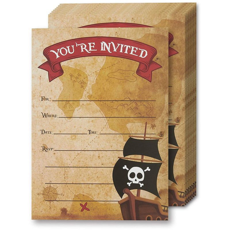 Pirate Invitation Cards - 24 Fill-in Invites with Envelopes for Kids Birthday Bash and Theme Party, 5 x 7 inches, Postcard Style