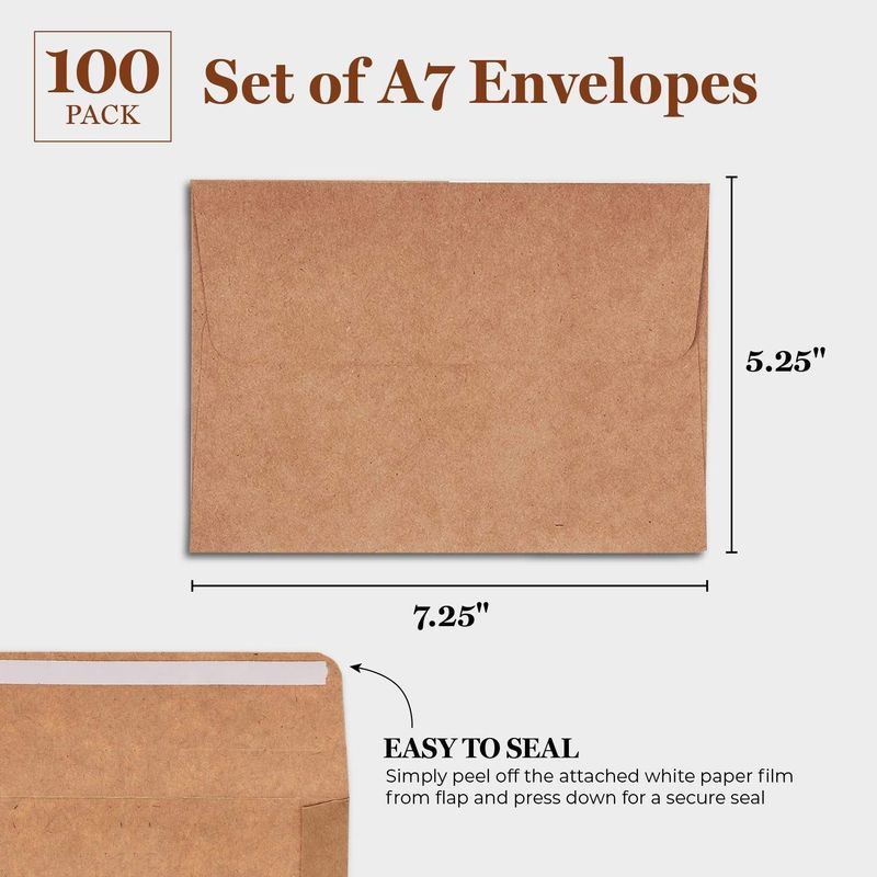 Juvale 100 Pack Brown Kraft A7 Invitation Envelopes for 5 x 7 Wedding Cards, Photos, Baby Shower Invites - Square Peel & Stick Flap, 5.25 x 7.25 Inches