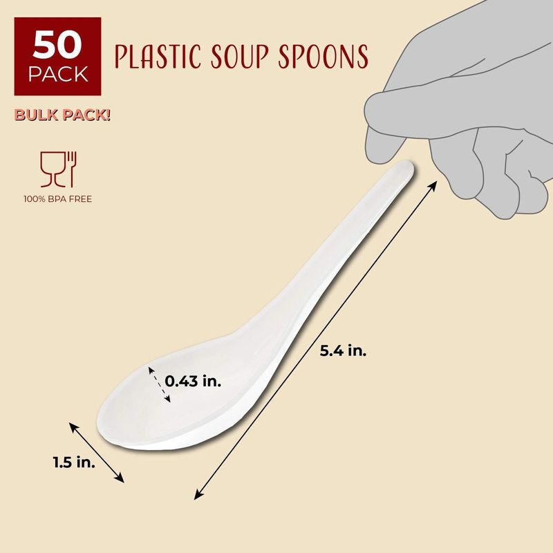 Juvale 50-Pack Disposable Plastic Chinese Asian Soup Spoons For Appetizer, Ramen, Pho, 5.5 x 1.5 Inches, White