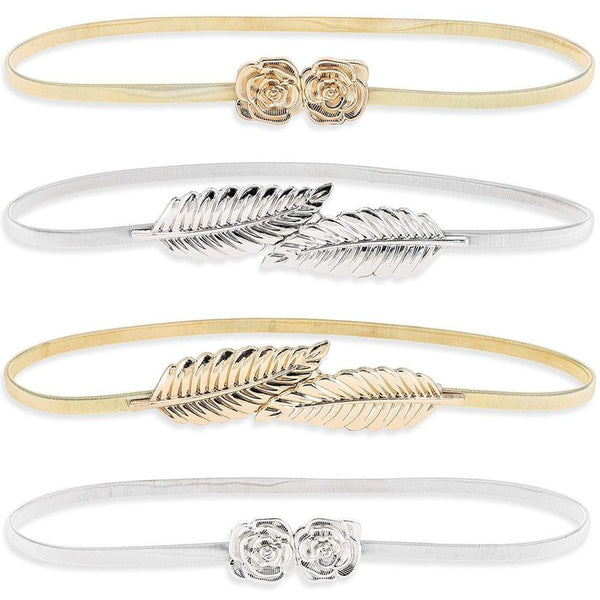 Juvale Women's Fancy Skinny Stretch Fashion Dress Belts, Silver and Gold (4 Pack)