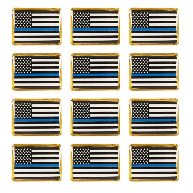 American Flag Police Lapel Pin - 12-Pack Thin Blue Line Flag Rectangle Pins, Law Enforcement Support, Black Blue and White with Gold Frame