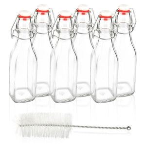 Swing Top Square Glass Bottles - 6-Piece Flip Top Leak Proof Water Bottles with Cleaning Brush - Brewing Bottle with Spill Proof Easy Cap Airtight Seal Stopper for Oil Beer Beverage - Clear, 8.4 oz
