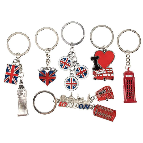 London Keychains - 6-Pack Souvenir Key Rings, 6 Assorted Designs Including Double-Decker Bus, Red Telephone Booth, Big Ben, and UK Flag, Silver, Red and Blue