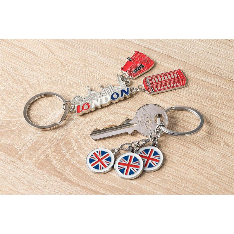 London Keychains - 6-Pack Souvenir Key Rings, 6 Assorted Designs Including Double-Decker Bus, Red Telephone Booth, Big Ben, and UK Flag, Silver, Red and Blue