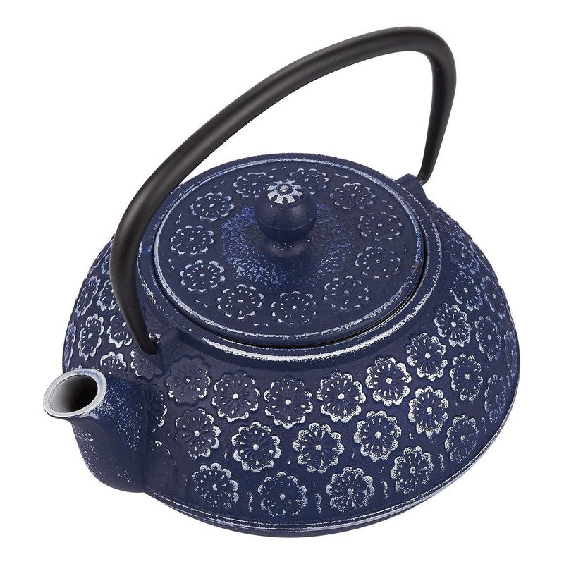 Juvale Blue Floral Cast Iron Teapot Kettle with Stainless Steel Infuser 34oz