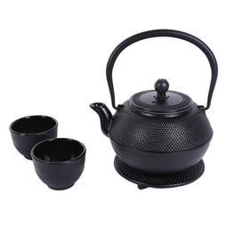 Juvale Black Cast Iron Tea Kettle Set for 2 - Contemporary Dutch Hobnail Design with Trivet, Two Cups - 1200 mL