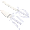 Silver Cake Server Set - Stainless Steel Wedding Knife with Ribbon, Lace, and Pearl Wrapped Around Handle