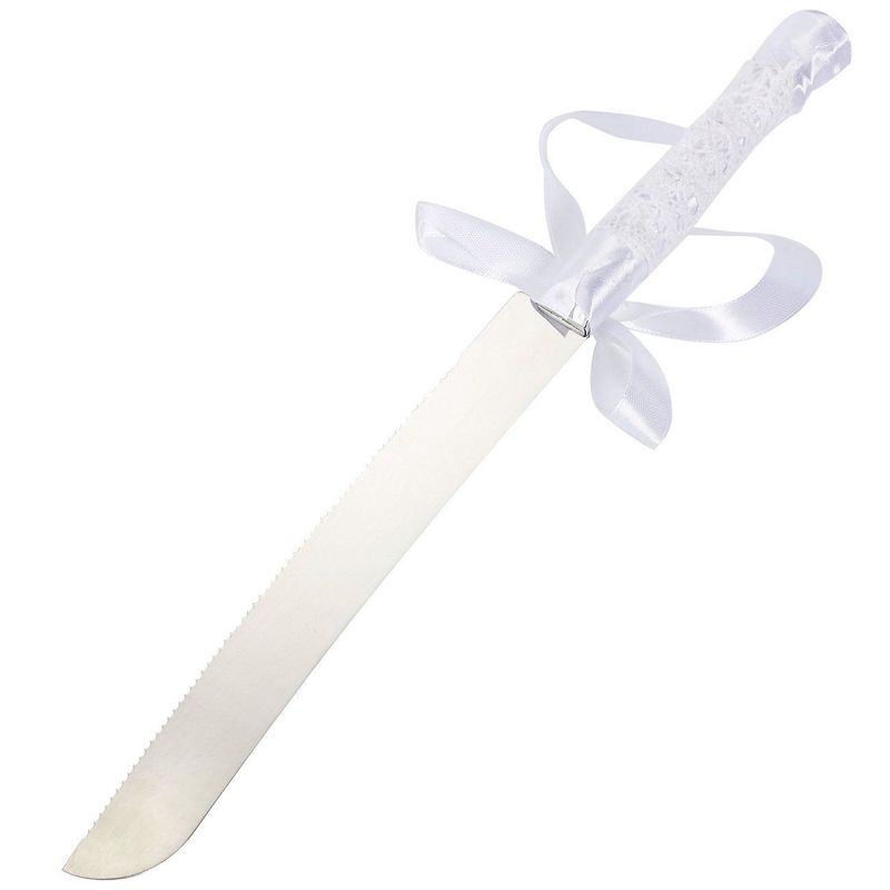 Silver Cake Server Set - Stainless Steel Wedding Knife with Ribbon, Lace, and Pearl Wrapped Around Handle