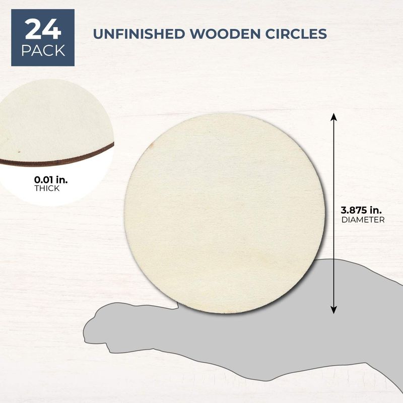 Unfinished Wood Circle - 24-Pack Round Natural Rustic Wooden Cutout for Home Decoration, DIY Craft Supplies, 4-inch Diameter, 0.1 inch Thick