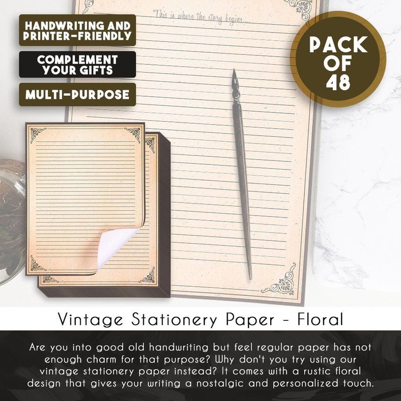 Vintage Lined Stationery Paper for Writing Letters (8.5 x 11 In, 48 Sheets)