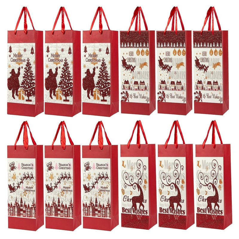 Christmas Wine Bags with Satin Handles, Paper Tote (4 x 5 x 13.5 In, 12 Pack)