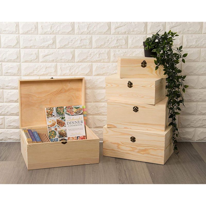 Juvale Wooden Boxes - 5-Piece Hinged-Lid Nesting Boxes for Arts Crafts Hobbies and Home Storage Unfinished Wood Natural Wood Color