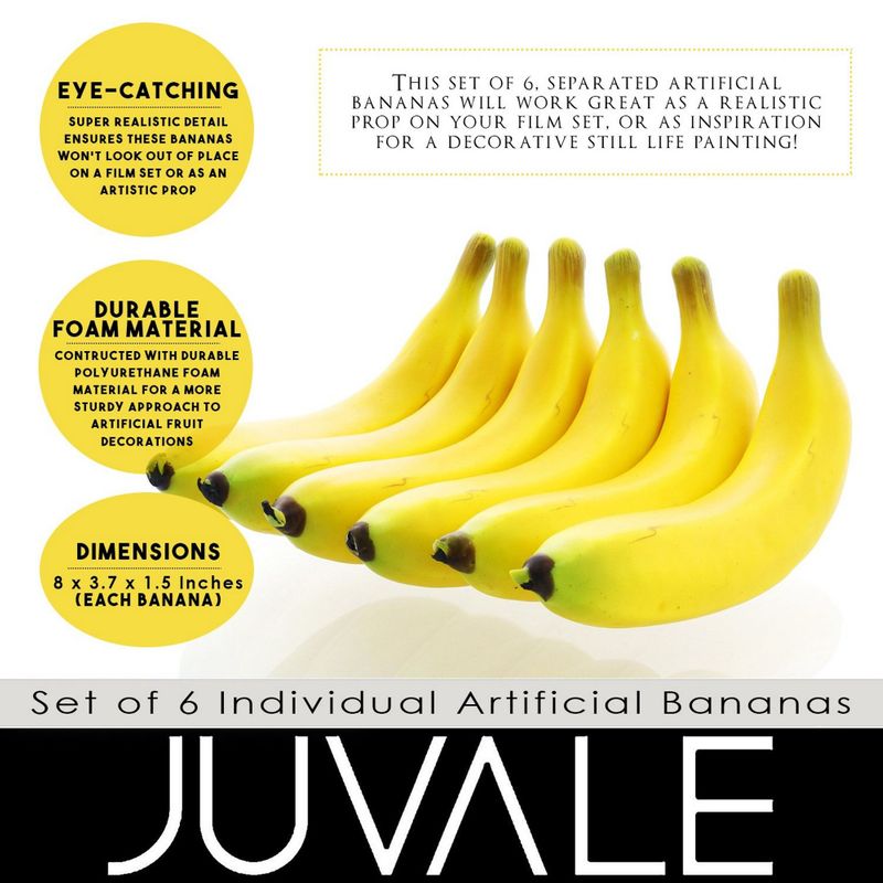 Juvale Set of 6 Individual Fake Fruit Bananas - Artificial Fruit Plastic Bananas for Still Life Paintings, Storefront Decoration, Kitchen Decor, Yellow, 8 x 3.7 x 1.5 Inches