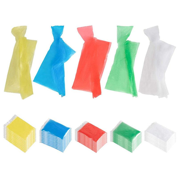 Juvale 50 Count Adults Rain Ponchos with Hood - Emergency Disposable Poncho, 5 Assorted Colors Pink, Blue, Green, Yellow, Clear, Individually Wrapped