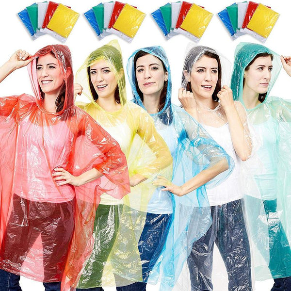 Juvale 20-Pack Disposable Rain Ponchos, Adults Emergency Waterproof Raincoat with Hood for Camping, Hiking, Sport or Outdoors, 5 Colors (Pink, Blue, Yellow, Green, Clear), Individually Wrapped
