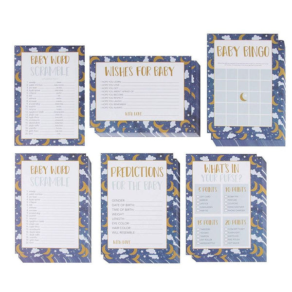 Juvale Baby Shower Game Card Packs - 5-Set Party Activity Supplies for 50 Guests, Including Bingo, Word Scramble, and Well Wishes, Moon, Clouds, and Stars Design, 50 Sheets, 5 x 7 Inches