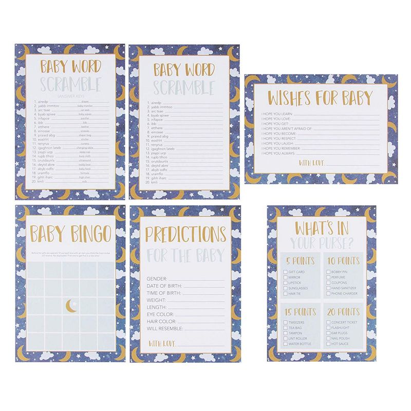 Juvale Baby Shower Game Card Packs - 5-Set Party Activity Supplies for 50 Guests, Including Bingo, Word Scramble, and Well Wishes, Moon, Clouds, and Stars Design, 50 Sheets, 5 x 7 Inches