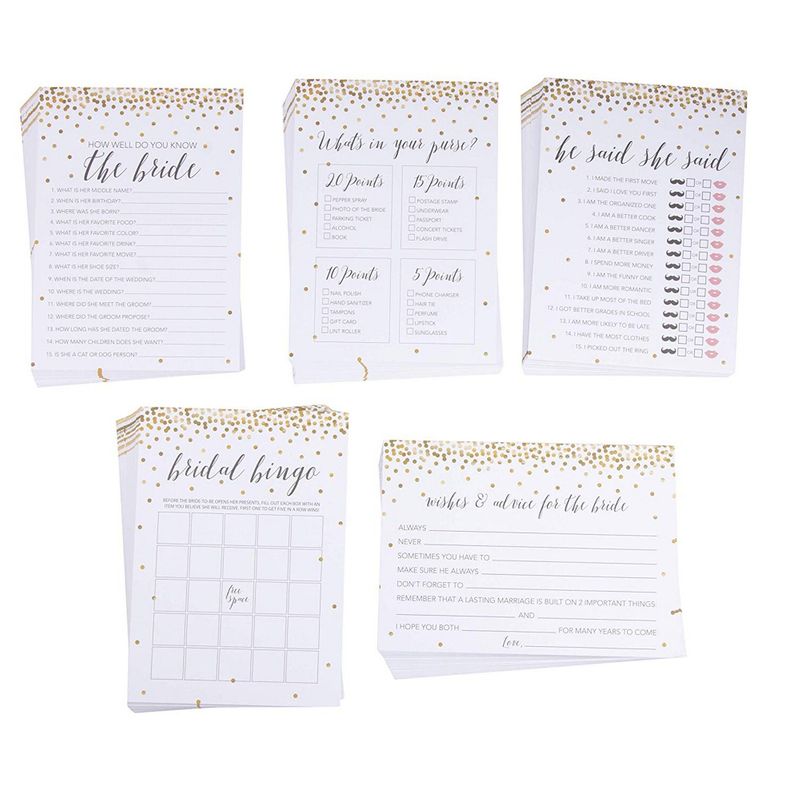 5-Pack Bridal Shower Games - Set of 5 Games, 50 Cards Each, Gold Polka Dot Confetti Bridal Party Games, Includes He Said She Said, Marriage Advice, Bingo, Engagement Wedding Party Supplies
