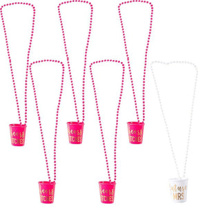 6-Pack Cheers Btches and Future Mrs Bachelorette Shot Glass Necklace - Hot Pink and White with Gold Foil Bridal Party Necklaces, Bachelorette Party Supplies, 30 Inches Long