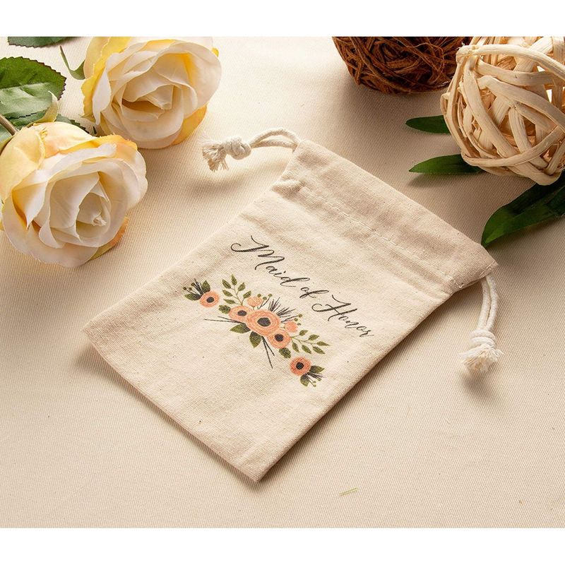 Maid of Honor Gift Set - 1 Cotton Canvas Tote Bag and 1 Drawstring Pouch for MOH, Gift Bags for Bridal Party, Bridal Shower Favors, Rustic Floral Design