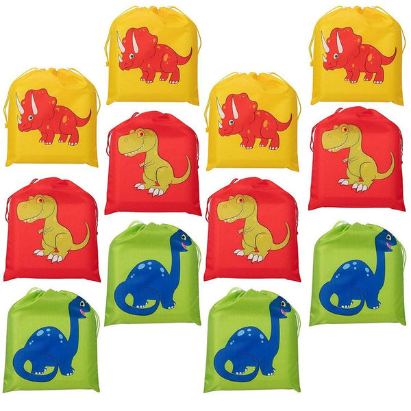 Drawstring Bags - 12-Pack Party Favor Bags for Kids Dinosaur Birthday, 3 Assorted Designs, Goodie Treat Bags, Dino Themed Party Supplies, For Giveaways and Gifts, Green, Red, Yellow, 9.7 x 12 Inches