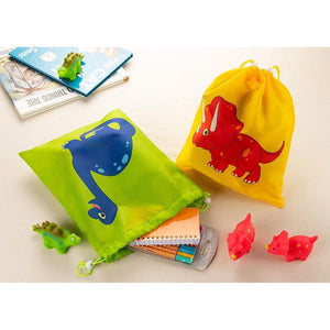 Drawstring Bags - 12-Pack Party Favor Bags for Kids Dinosaur Birthday, 3 Assorted Designs, Goodie Treat Bags, Dino Themed Party Supplies, For Giveaways and Gifts, Green, Red, Yellow, 9.7 x 12 Inches