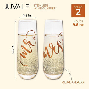 Juvale 2-Pack Rose Gold Glass Mr and Mrs Stemless Champagne Wedding Flutes, 9.8 Ounces