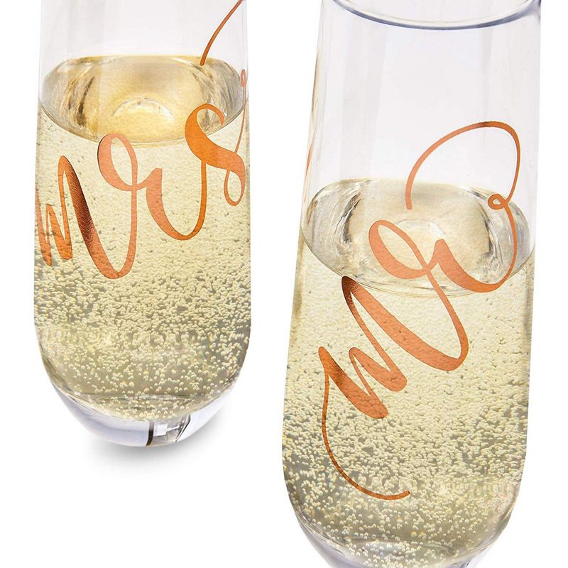 Juvale 2-Pack Rose Gold Glass Mr and Mrs Stemless Champagne Wedding Flutes, 9.8 Ounces
