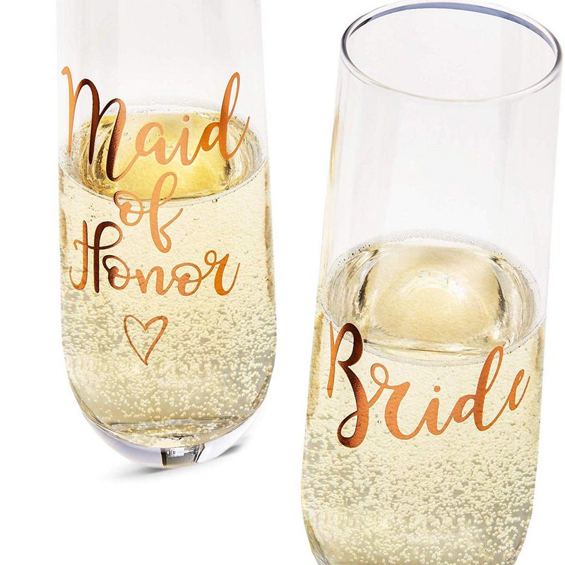 Juvale 2-Pack Rose Gold Glass Bride and Maid of Honor Stemless Champagne Wedding Flutes, 9.8 Ounces