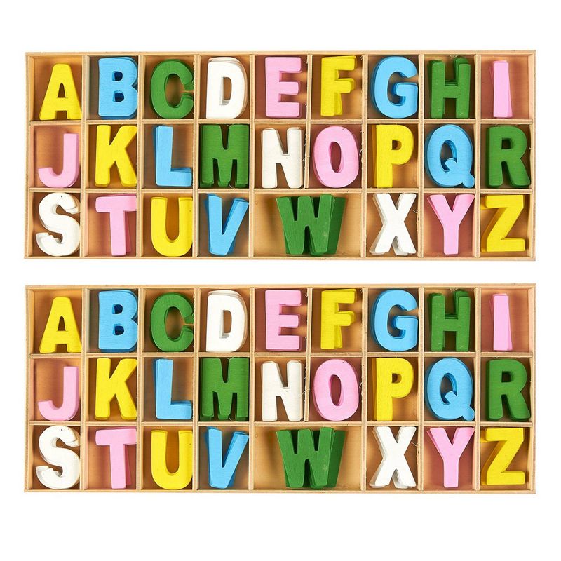 Juvale 104 Pieces 2-Inch Wooden Alphabet Letters, 4 Sets ABCs with Sorting Tray, Sign Letters for Adults , Natural Color