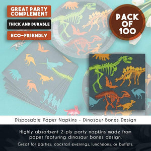 Dino Napkins - 100-Pack Dinosaur Fossil Skeleton Disposable Paper Napkins, Kids Birthday Dinosaur Party Supplies, Luncheon Size Folded 6.5 x 6.5 Inches