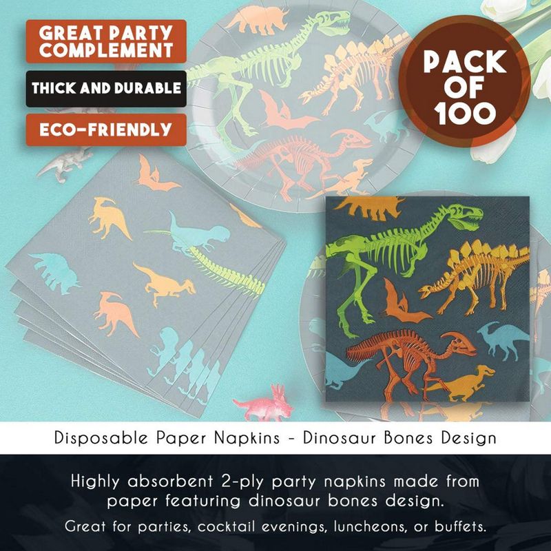 Dino Napkins - 100-Pack Dinosaur Fossil Skeleton Disposable Paper Napkins, Kids Birthday Dinosaur Party Supplies, Luncheon Size Folded 6.5 x 6.5 Inches
